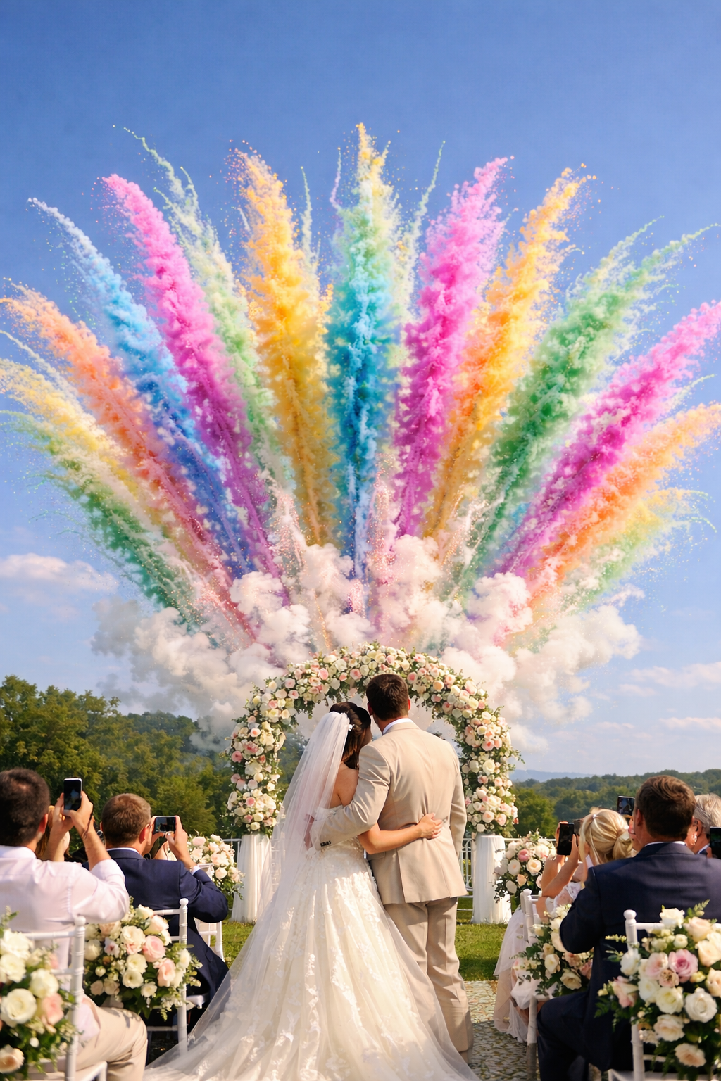 feu d’artifice de jour lors d’un mariage avec fumées colorées