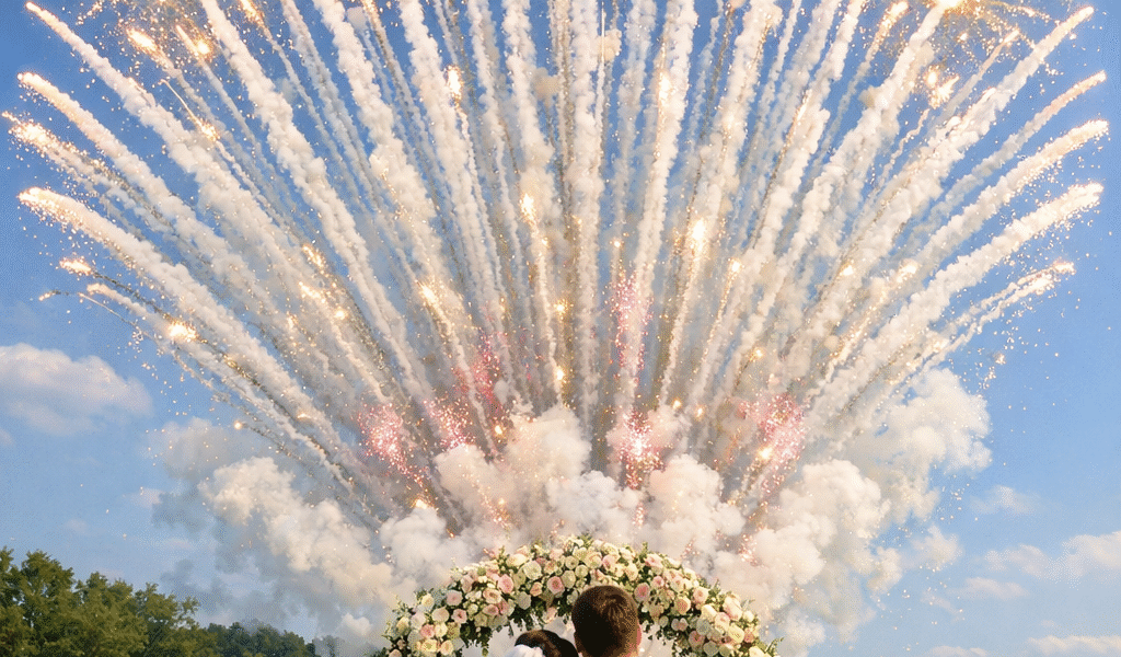 feu d'artifices de jour lors d'un mariage